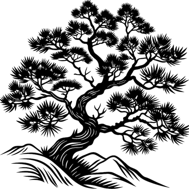 Vector chinese painting pine tree vector illustration linocut