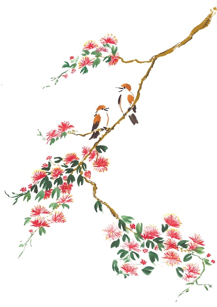 Chinese Painting Whitethroat Birds on Calliandra Flowers Branch