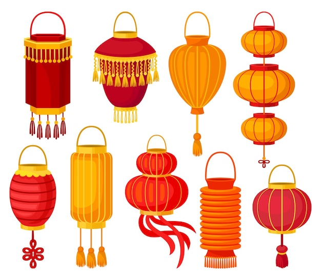 Chinese paper street lantern of different shapes decorative elements for festive design vector Illustrations isolated on a white background