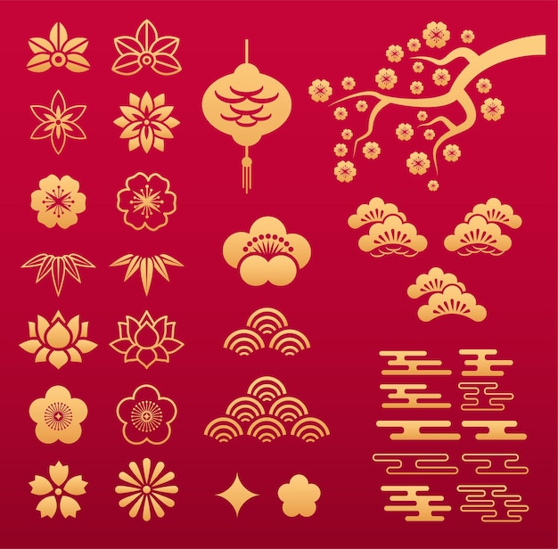 Chinese pattern. Asian gold floral ornaments and decoration elements