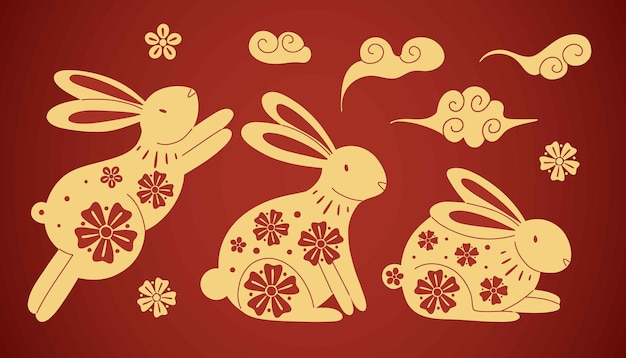 Chinese rabbit set Golden traditional New Year zodiac animal clouds and flowers gold bunny silhouette on red background 2023 Horoscope decor elements Asian lunar calendar vector illustration