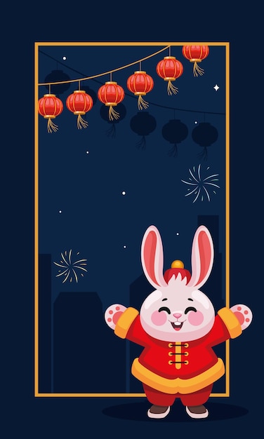 Chinese rabbit with lamps hanging