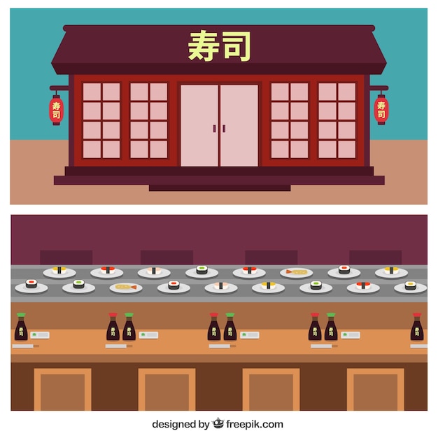 Chinese restaurant facade in flat design