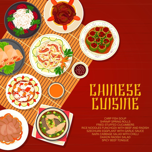 Chinese restaurant menu cover with Asian cuisine food. Seafood, vegetable, meat and fish dishes, rice noodles with beef, shrimp spring rolls and stuffed cucumbers, radish salad, chilli sauce