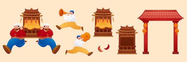 Chinese sedan chair dance elements Illustrations includes sedan chairs young men playing instruments and a temple gate isolated on orange background