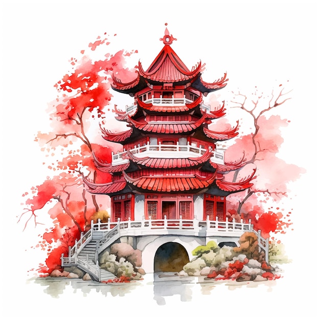 Chinese temple watercolor paint ilustration