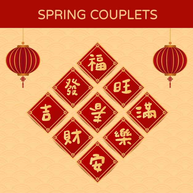 Chinese traditional calligraphy on spring couplets to celebrate Chinese new year.Vector illustration