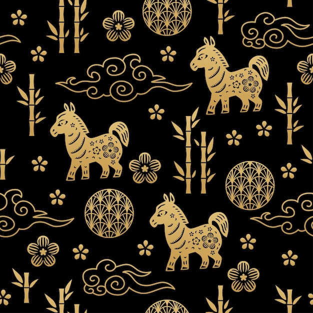 Chinese traditional Zodiac signs horse seamless pattern Oriental ornament