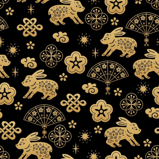 Chinese traditional Zodiac signs rabbit seamless pattern Oriental ornament