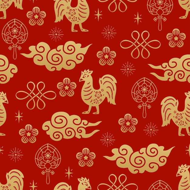 Chinese traditional Zodiac signs rooster seamless pattern Oriental ornament