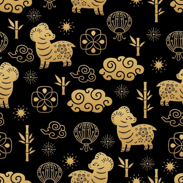 Chinese traditional Zodiac signs sheep seamless pattern Oriental ornament