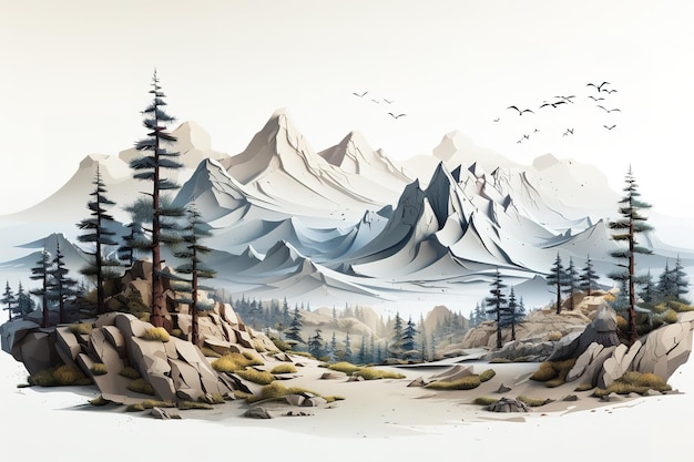 Vector chinese trees mountain view painting