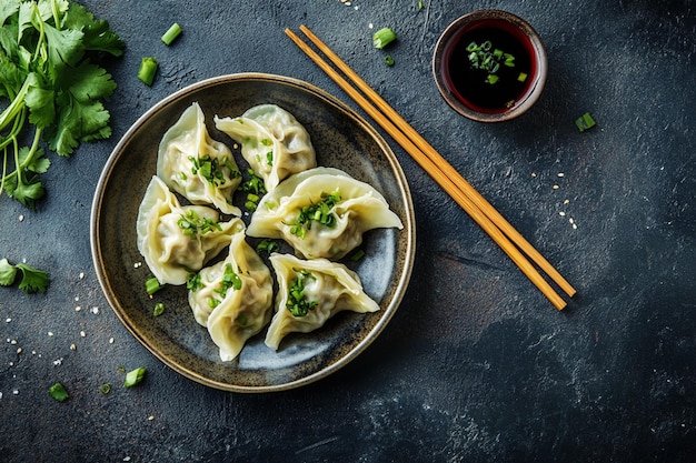 Chinese Veg Momos and Chicken Chilli Cuisine Designs Closeup of wonton soup with funch