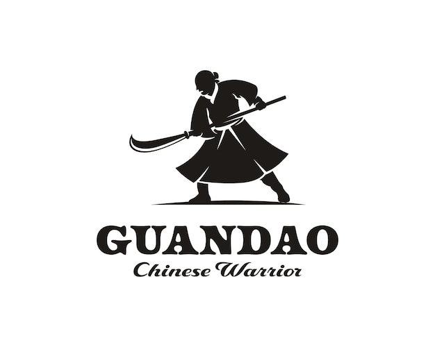 Chinese warrior silhouette holding spear sword logo design template