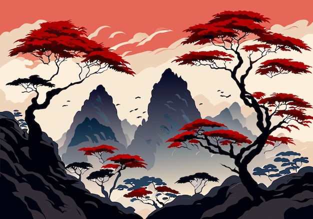 Chinese watercolor ink style mountain tree landscape