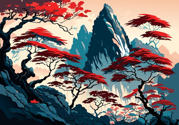 Chinese watercolor ink style mountain tree landscape