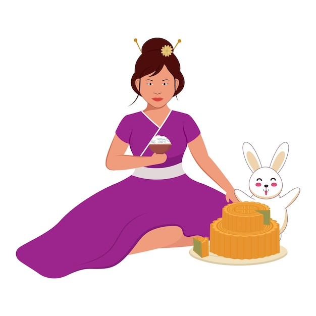 Chinese Young Woman Sitting With Funny Rabbit And Mooncake Illustration On White Background