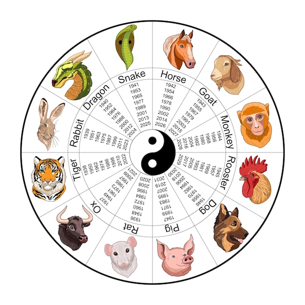 Chinese zodiac wheel with Twelve animals and animal names, yin yang, doodle