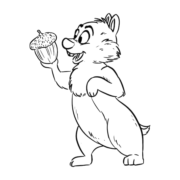 Chipmunk holding an acorn happily. Cute cartoon style illustration doodle. Comic style art for coloring. Sketch of a squirrel mascot character.