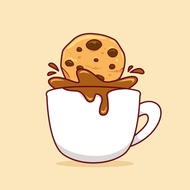 Choco chip cookie dipping into hot coffee cup or hot chocolate cup drink illustration