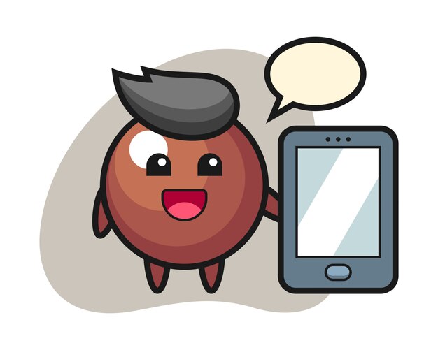 Chocolate ball cartoon holding a smartphone