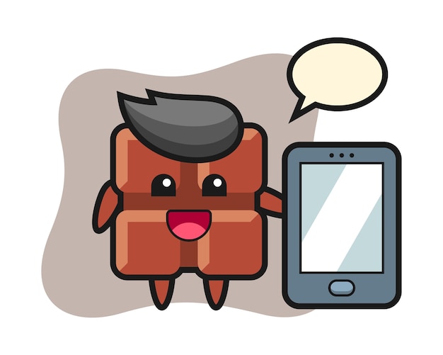 Chocolate bar illustration cartoon holding a smartphone, cute kawaii style.