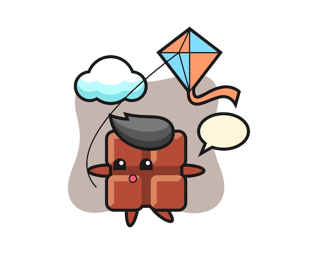 Chocolate bar mascot illustration is playing kite, cute kawaii style.