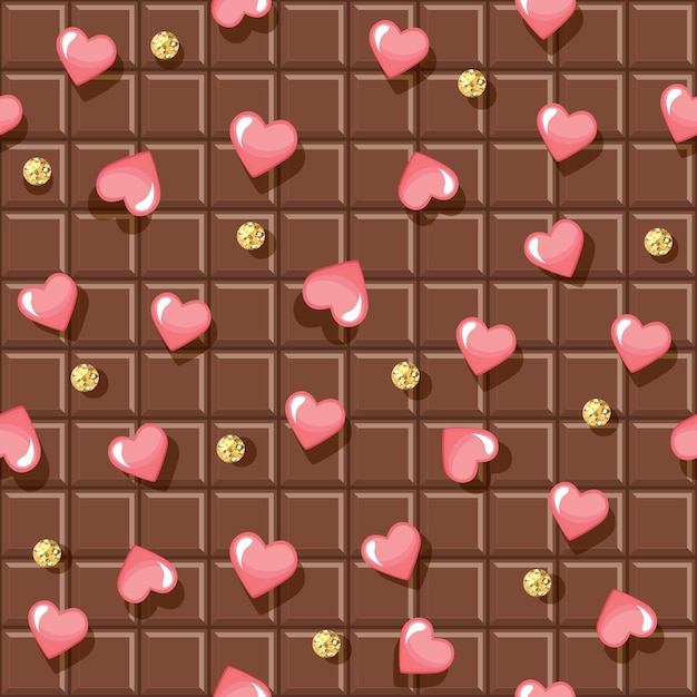 Chocolate bar seamless pattern with hearts and glitter polka dots