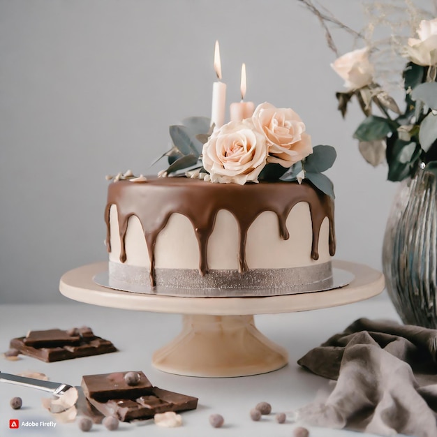 Chocolate cake and floral design with chocolate on the side of the cake candles on the cake