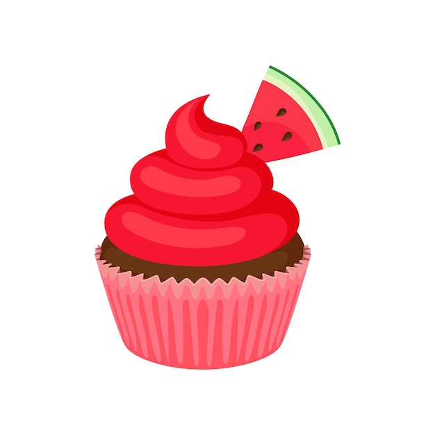 Chocolate cake in red cream Decorated with a small triangular slice of watermelon Vector illustration on white background