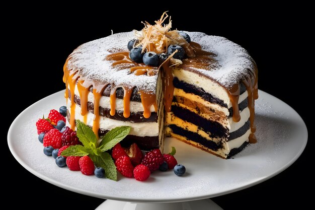 Vector chocolate cake with berries and jam filling