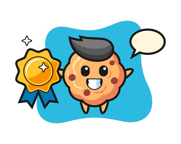 Chocolate chip cookie mascot holding a golden badge