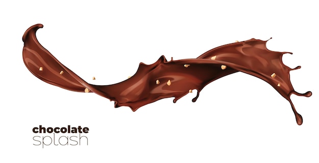 Chocolate cocoa and coffee milk isolated splash with crushed peanuts Realistic vector dessert wave or flow with splatters 3d brown chocolate stream with drops liquid splashing with droplets