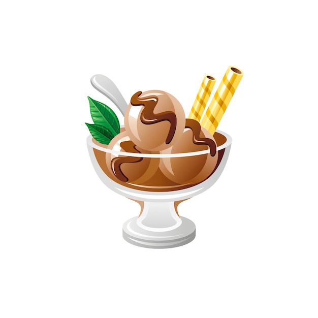 Vector chocolate or coffee ice cream glass cup with sweet ice ball with topping syrup spoon waffle mint