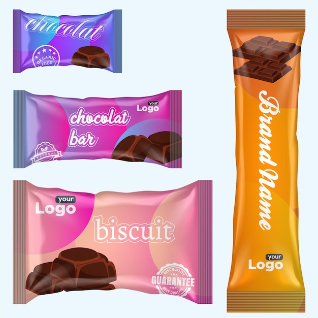 Vector chocolate cookies pack and chocolate bar package biscuit chips packaging design