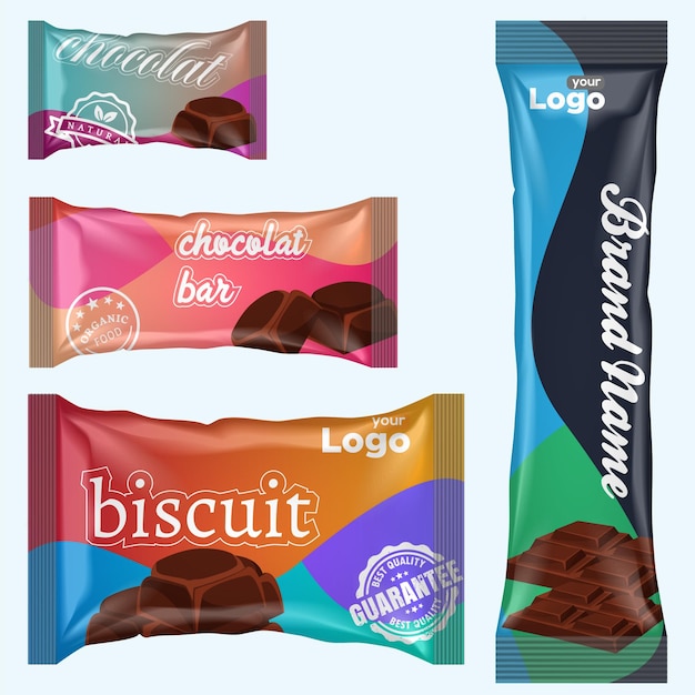 Vector chocolate cookies pack and chocolate bar package biscuit chips packaging design