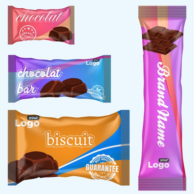 Vector chocolate cookies pack and chocolate bar package biscuit chips packaging design