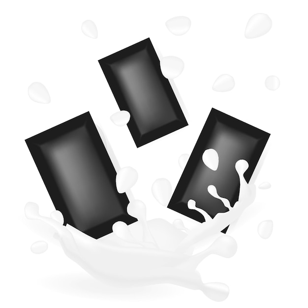 Chocolate cubes with splashes and drops of chocolate in retro gray tones 3d vector food objects