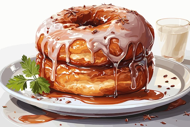 Vector chocolate donut with dripping honey and fresh fruits in 3d illustration