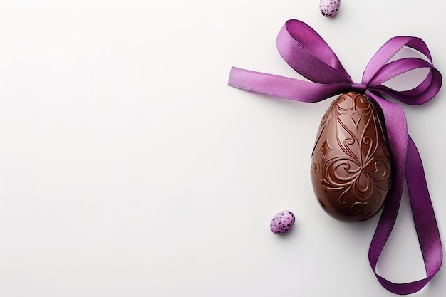 a chocolate easter egg with a purple ribbon on it