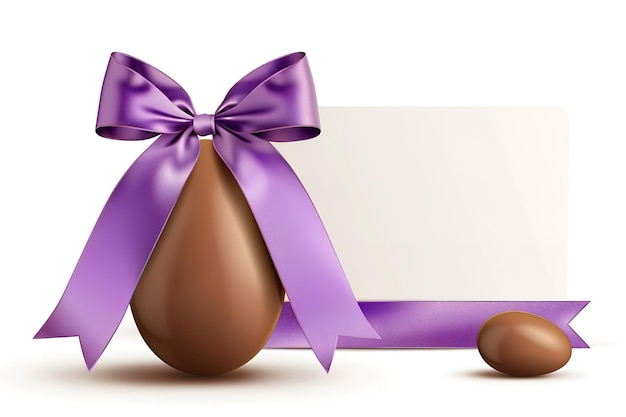 a chocolate easter egg with a purple ribbon on it