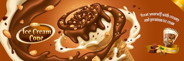 Chocolate ice cream cone ads with sauce and nuts swirling around it