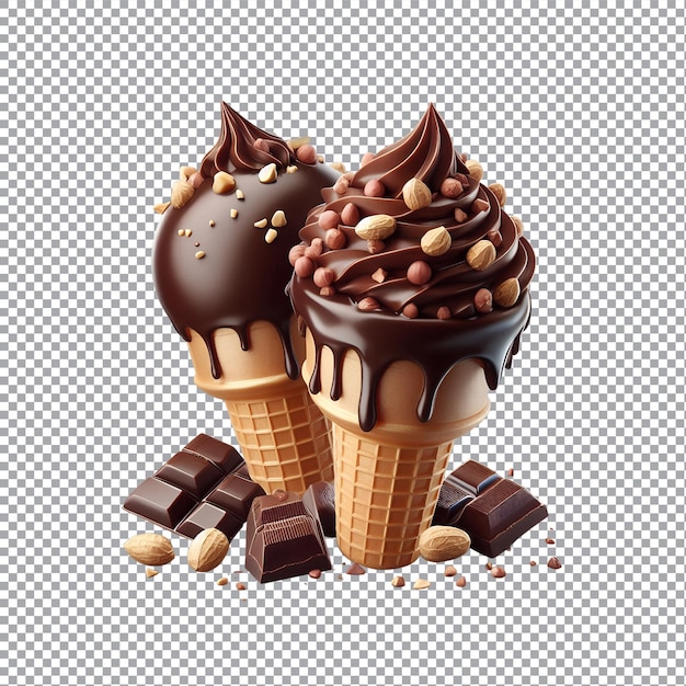 Vector chocolate ice cream cone with penut side view isolated on a transparent background