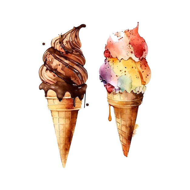 Chocolate ice cream waffle cone Watercolor drawing isolated on white Vector