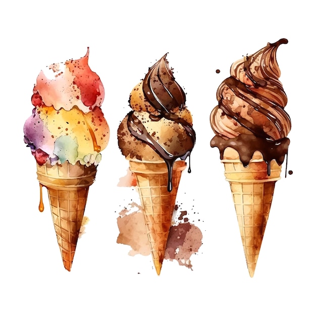 Chocolate ice cream waffle cone Watercolor drawing isolated on white Vector