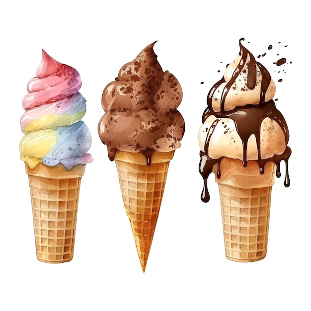 Chocolate ice cream waffle cone Watercolor drawing isolated on white Vector