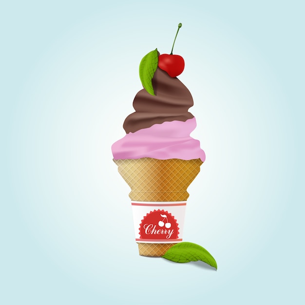 Chocolate ice cream with a cherry and mint leaves