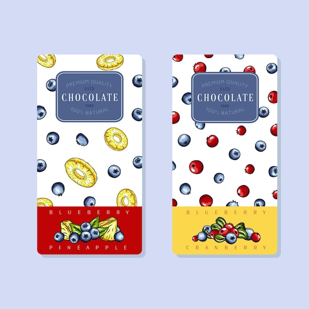 Chocolate Labels Set Abstract Vector Packaging Design Layouts Collection Modern Typography Hand Drawn blueberry cranberry and pineapple Sketches and Colorful Camouflage Pattern Background