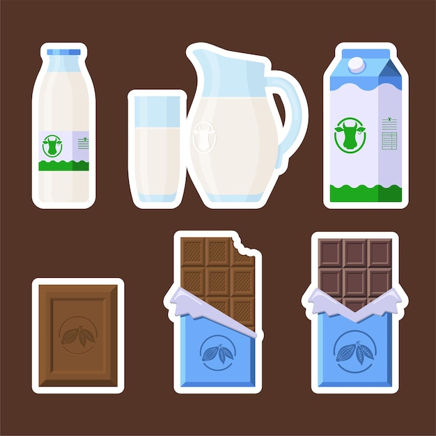 Chocolate and Milk Stickers Set. Flat Style. Collection of Candy Bars and Dairy products in different package for logo, print, recipe, menu, decor and decoration. Premium Vector