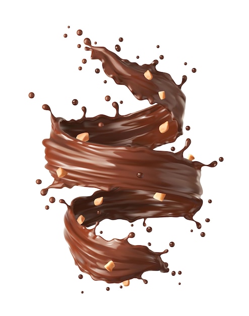 Chocolate milk twister whirlwind or tornado realistic splash with crushed peanut Vector cocoa and coffee isolated swirl dessert wave or flow with nuts and splatters 3d brown stream with drops